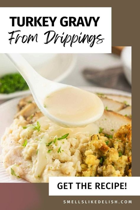 Skip the store-bought gravy and whip up this Homemade Turkey Gravy From Drippings! It's surprisingly easy to make and packed with rich, savory flavor that takes your Thanksgiving dinner to the next level. You'll never go back to canned gravy again! Turkey Dripping Gravy, Dripping Gravy, Drippings Gravy, Gravy Recipe No Drippings, Gravy From Drippings, Canned Gravy, Turkey Gravy From Drippings, Turkey Gravy Easy, Homemade Turkey Gravy