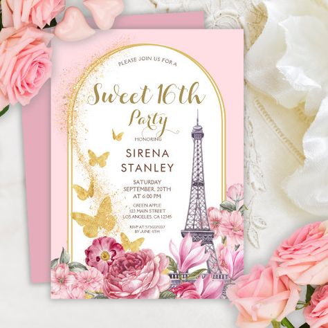 Eiffel Tower Glitters & Flowers Girly Sweet 16 #floral #elegant #sweet16 #sweetsixteeninvitations #chic #girly #glitter #nightinparis #oohlala #eiffeltower Girly Sweet 16, Paris Sweet 16, Paris Invitations, Gold Sweet 16, Sweet 16 Party Themes, Sweet 16 Party Invitations, Pink Sweet 16, Rose Gold Invitations, 16th Birthday Invitations