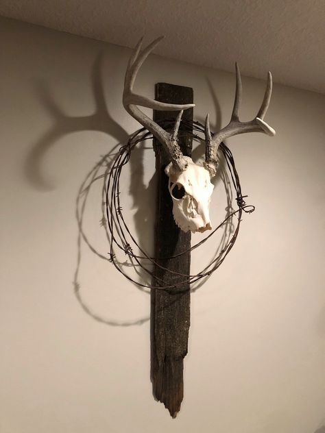 "Real Antler Rack Decoration w/ Barn Wood & Barbed Wire- CUSTOM- Rustic Real Minnesota (USA) Barn Wood, & Reclaimed Barbed Wire from a Fence on the Farm Unique, One of a Kind (From a real deer- Real Deer Antlers) Approx: 36\" Tall Approx: 21\" Wide Please feel free to reach out with questions- M.H." Unique Deer Mounts, Display Deer Antlers, Deer Horn Decor, European Deer Mount Ideas, Decorating With Deer Mounts, Hunting Room Design, European Mount Ideas, Barbed Wire Decor, Deer Mount Decor