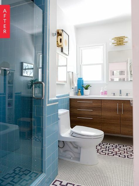 Don't be so quick to toss out the vintage and antique bathroom features during a renovation. Here Alyssa was able to keep the vintage blue tile intact and style it with modern additions for a fresh and cool look! Blue Retro Bathroom, Vintage Blue Tile Bathroom, Retro Blue Bathroom, Blue Tile Bathroom, Interior Catalogue, Retro Tile, Vintage Bathroom Tile, Holding Pen, Blue Bathroom Tile