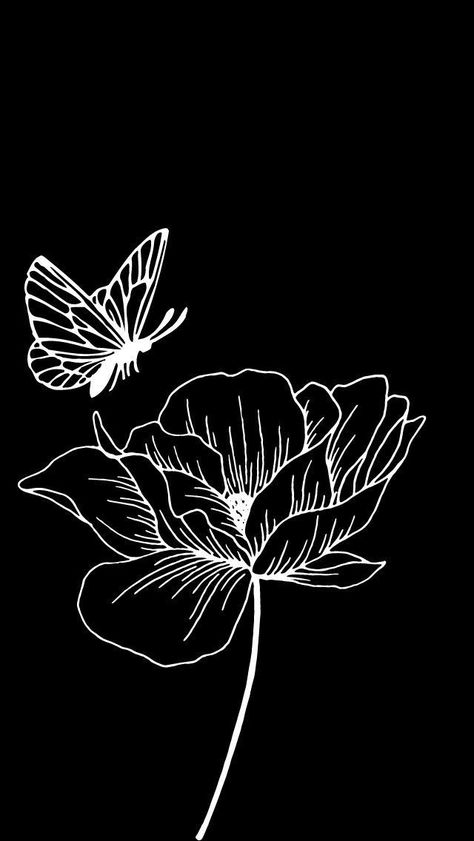 Blue Background Drawing, Flower With Butterfly, Flowers On Blue Background, Black Flowers Wallpaper, Black Background Painting, Butterfly Black And White, Monochromatic Art, Scratchboard Art, Black Paper Drawing