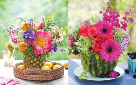 Church Tables, Summer Floral Arrangements, Floral Picnic, Flowers Display, Turned Vase, Summer Flower Arrangements, Fruit Centerpieces, Summer Centerpieces, Fiesta Tropical