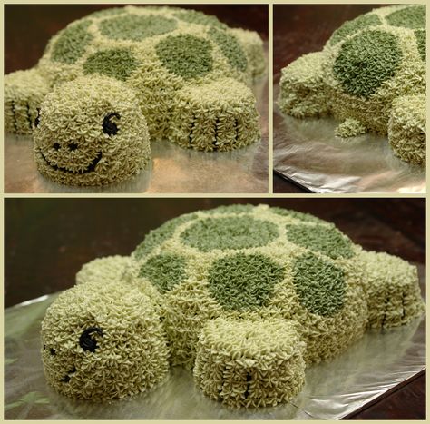 Turtle cake - made for libby's 12th birthday.  used cupcakes for head and limbs.  body was a 9" round with a smaller round atop and shaved down.  make a double batch of ATK Fam frosting next time and make light green frosting lighter Tortoise Cake, Turtle Birthday Cake, Turtle Cake, Vintage Cakes, Turtle Birthday, Peanut Butter Cake, Diy Treats, Animal Cakes, Delta Zeta