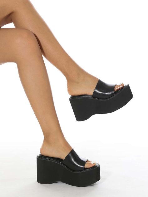 Black Fashionable    Plain Wedges Slide Sandals Embellished   Women Shoes Black Platform Slides For Summer, Platform Shoes Outfit Aesthetic, Trendy Chunky Platform Slip-on Wedge Sandals, Black Platform Slip-on Sandals, Platform Shoes Outfit, Black Platform Wedges, Sandals Shein, Black Slip-on Wedge Sandals With Buckle, Black Synthetic Slip-on Wedge Sandals