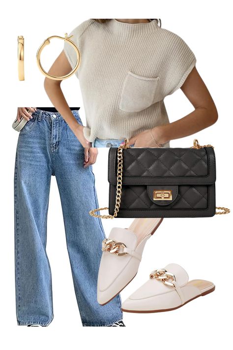 Create a timeless fall look with this chic Amazon outfit! The neutral sleeveless sweater pairs perfectly with wide-leg jeans, a quilted crossbody bag, and sleek chain-detail mules. Complete the look with classic gold hoop earrings for a polished finish. Shop each item on Amazon now! As an Amazon Affiliate, I earn from qualifying purchases.n
#falloutfits #falloutfitinspo #amazonfinds Mules Outfit, Outfit For Everyday, Tan Vest, Build A Capsule Wardrobe, Little Life, A Little Life, Quilted Crossbody Bag, Sweater Boots, Classic Gold