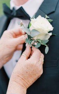 Corsage And Boutonniere Wedding, Boutonniere Wedding White Rose, Simple Wedding Bouquet With Eucalyptus, White Rose Buttonhole Groom Boutonniere, White Rose Wedding Boutonniere, White Rose And Eucalyptus Corsage, White Rose Wrist Corsage Wedding, Boutineer White Rose, Button Holes Wedding Eucalyptus