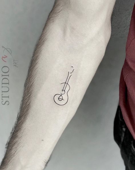 Line Art Guitar Tattoo, One Line Guitar Tattoo, Minimalistic Guitar Tattoo, Mini Guitar Tattoo, Fine Line Guitar Tattoo, Minimalist Guitar Tattoo, Mini Tattoos Music, Music Tattoo Minimalist, Small Guitar Tattoo