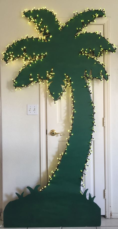 PACIFIC PARADISE  Palm tree cutouts made out of foam core boards. Spray paint. 7ft tall. Green lights. Magalie Sarnataro’s props Diy Palm Tree Decorations Party Ideas, Diy Palm Tree Outdoor, Homemade Palm Trees, Palm Tree Cutout, Cardboard Palm Tree, Diy Palm Tree, Prom Food, Asb Ideas, Hawaii Decorations