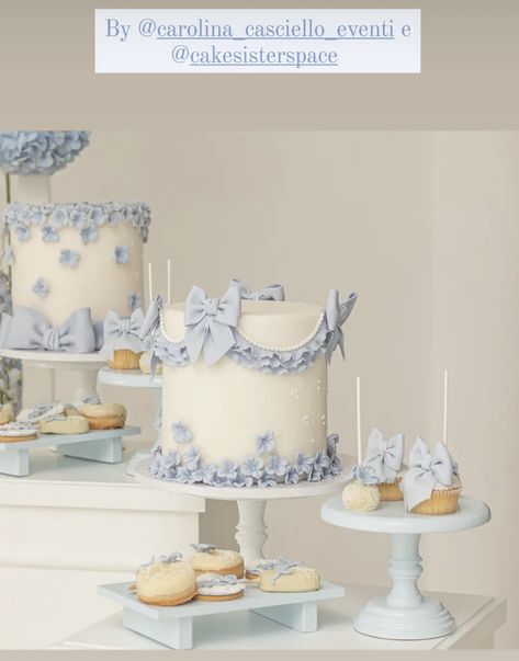 White And Blue Cake Design Birthday, Blue Bow Birthday Party, Something Blue Bridal Shower Cake, Grandmillenial Baby Shower Ideas, Love Shack Fancy Cake, Elegant Baby Shower Cakes, Blue Bridal Shower Cake, Blue Vintage Cake, Light Blue Birthday