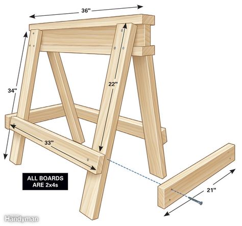 Go get two 12-ft. 2x4s and one 10-ft. 2x4. Using 16d nails or 3-in. screws, assemble the three boards that make up the I-beam. Attach the legs, using a framing square to square the legs to the beam. Attach the rails last. Sawhorse Plans, Saw Horse Diy, Into The Wood, Hemma Diy, Diy Holz, Wood Plans, Woodworking Jigs, Woodworking Bench, Wood Working For Beginners