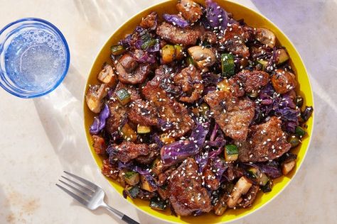 Recipe: Sweet & Spicy Beef Stir-Fry with Mushrooms, Cabbage & Zucchini - Blue Apron Sweet And Spicy Beef, Mushroom Cabbage, Spicy Beef Stir Fry, Blue Apron Recipes, Cremini Mushrooms, Beef Stir Fry, Spicy Beef, Recipe Sweet, Blue Apron