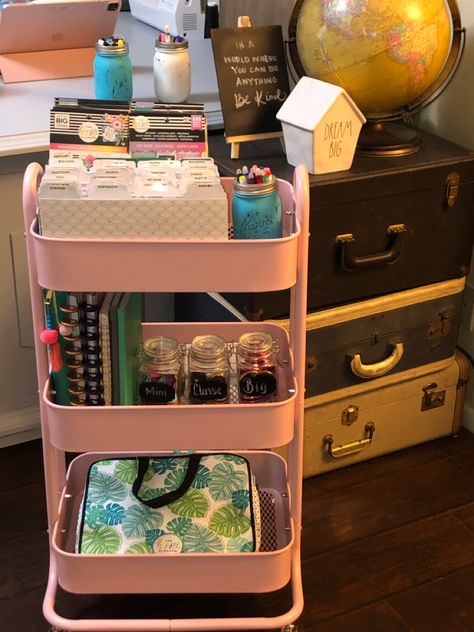 Planner Cart, Desk Arrangement, Desk Arrangements, Cute Office Decor, Cart Ideas, Bujo Planner, Love Well, Trolley Cart, School Plan