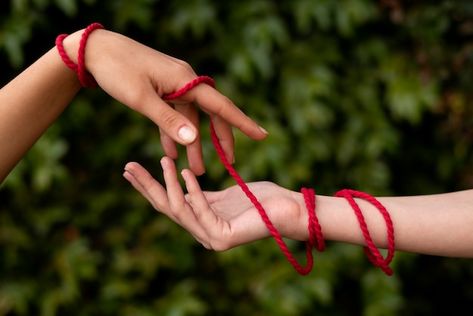 Hand Holding Rope Drawing, Hands Touching Reference, Hands With Strings, Red Thread Aesthetic, Red Line Aesthetic, Two Hands Reference, Hands Interacting, Hand Reaching Out, Connected Photography