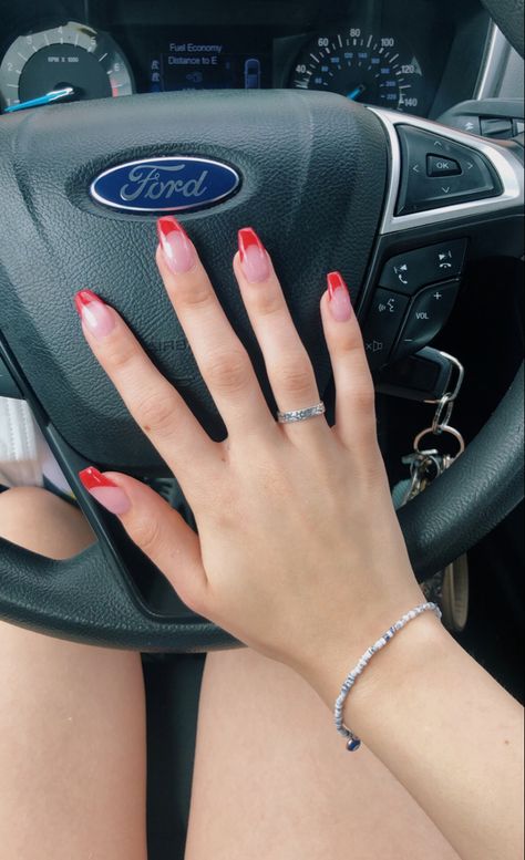 Acrylic Nails Coffin Red French Tip, Red French Tip Coffin Acrylic Nails, Red French Tip Nails Coffin Medium, Red French Tip Nails Medium Length, Red Acrylic Nails French Tip, Red French Coffin, Short Coffin Red French Tip Nails, Red French Tip Coffin, Coffin Red French Tip Nails