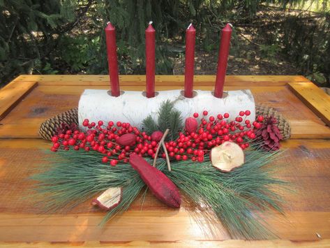 "White Birch Yule Log, Centerpiece, Candle Holder, Tea Candle, Tapered Candle PROPS ARE NOT INCLUDED.  JUST THE BIRCH LOG WITH DRILLED HOLES AND 4 TEA CANDLES Use your own creativity to decorate your own personal Yule Log.   These can accommodate both tea candles (4 included) and tapered candles (not included) 1 5/8\" holes for tea candles as well as 7/8\" holes for tapered candles The bottom is surfaced planed for stability 16\" length Choose from approx. 2\", 3\", 4\", & 5\" diameters These ar Birch Yule Log, Birch Log Centerpiece, Pine Centerpiece, Log Centerpieces, Centerpiece Candle Holder, Pine Candle, Centerpiece Candle, Tapered Candle, Birch Logs