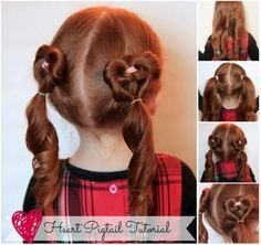 Heart Pigtail hairstyle for your Valentine  #diy #hairstyle #Valentine Heart Pigtails, Topsy Tail Hairstyles, Hair Braid Diy, Valentines Hairstyles, Girls School Hairstyles, Tail Hairstyle, Teenage Hairstyles, Valentine Hair, Pigtail Hairstyles