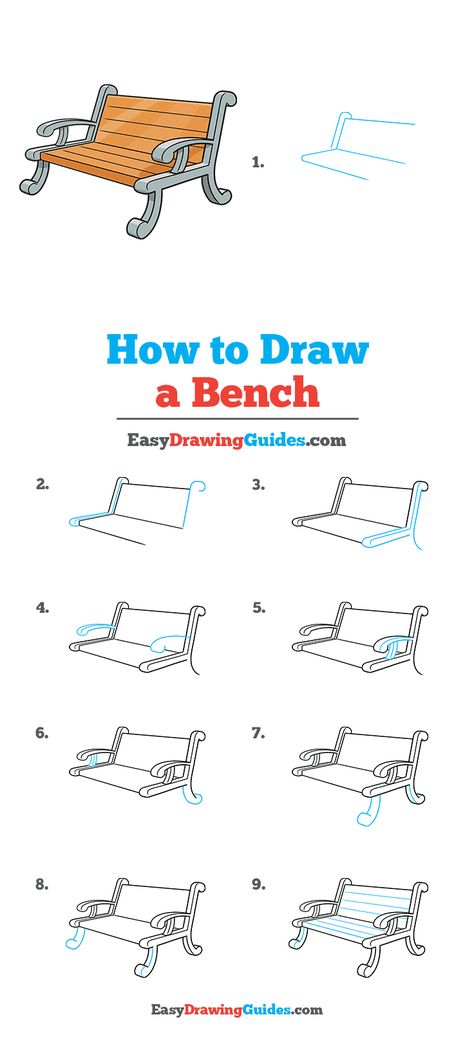 How to Draw a Bench Step by Step Tutorial Image How To Draw A Bench Step By Step, How To Draw A Porch, Tree Drawing Tutorial Step By Step, Bench Drawing Simple, Bench Doodle, How To Draw Objects, Bench Sketch, Sketch Tutorial Step By Step, Bench Drawing