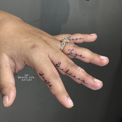 Faith Hope Love Tattoo Finger, Faith Believe Tattoo, Hope Faith Love Tattoo, Faith Hope Love Peace Tattoo, Love Hope Faith Tattoo Design, Love Finger Tattoo, Girl Finger Tattoos, Faith Hope Love Tattoo, Hope Tattoo