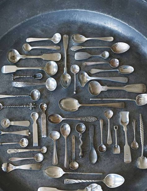 friday feast: joan logghe’s “Ode to Spoons” (+ a recipe) | Jama's Alphabet Soup Garden Town, Sabi Style, Spoons And Forks, Kind Of, Spoon Collection, Collections Of Objects, Eating Utensils, Vintage Cutlery, Silver Spoons