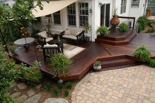 Transition deck to patio; multi-layered | Backyard deck ... Small Backyard Decks, Backyard Patio Deck, Patio Deck Designs, Wooden Deck, Cozy Backyard, Deck Designs Backyard, Backyard Pergola, Decks Backyard, Backyard Deck