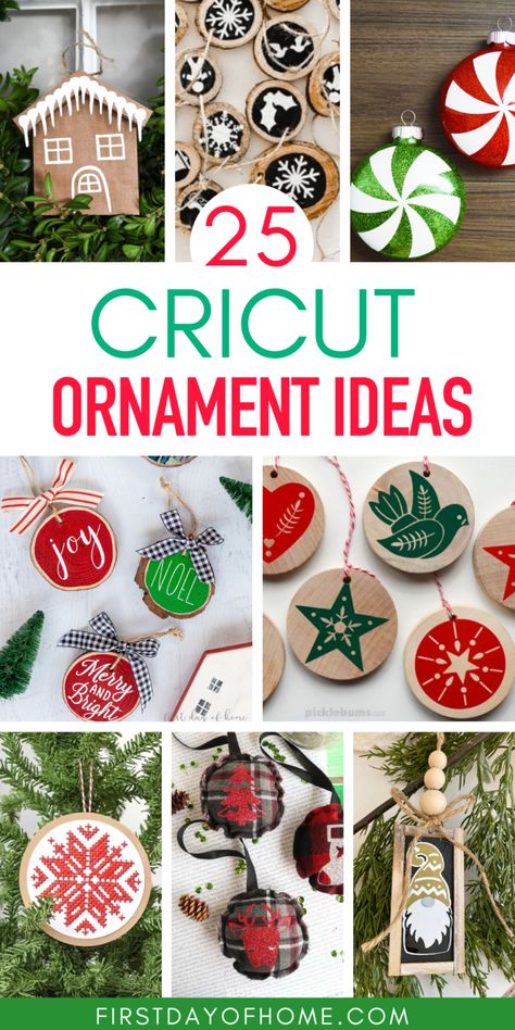 Make these DIY Christmas ornaments with Cricut to add a handmade touch to your Christmas tree decorations or to give as gifts. You'll find all styles of Christmas ornaments from farmhouse ornaments to wooden ornaments. #firstdayofhome #cricut #christmasornaments Cricket Ornaments Gift Ideas, Christmas Ornaments Made With Cricut, Christmas Ornaments Wood Diy, Ornaments Made With Cricut, Cricut Xmas Ornaments, Decorate Wooden Ornaments, Diy Cricut Ornaments Gift Ideas, Christmas Cricut Ornaments Diy, Cricut Christmas Projects For Kids