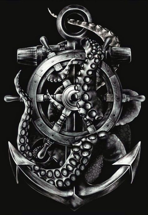 The Kracken Tattoo, Octopus And Compass Tattoo, Anchor And Octopus Tattoo, Anchor Octopus Tattoo, Anchor Skull Tattoo, Dark Sea Tattoo, Tentical Tattoo, Pirate Anchor Tattoo, Kraken Tattoo Design