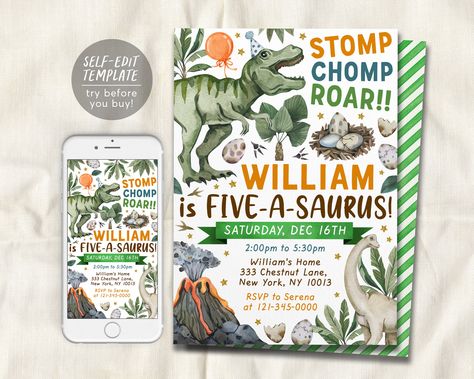 Fiveasaurus Birthday, 5th Birthday Party, Dinosaur Birthday Invitations, Kids Birthday Party Invitations, Birthday Party Invite, Text Fonts, Dinosaur Birthday, Party Invite, 5th Birthday