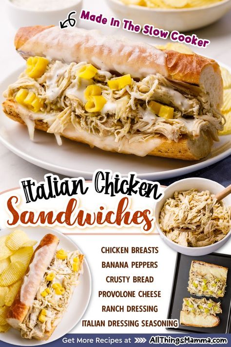 Italian Chicken Sandwich ingredients. Italian Chicken Sandwich served on a white round plate. Italian Chicken Sandwiches, Sandwich Alternatives, Crock Pot Sandwiches, Italian Chicken Crockpot, Easy Dinner Recipes For Family, Pulled Chicken Sandwiches, Chicken Sandwich Recipes, Chicken Sandwiches, Crockpot Dishes