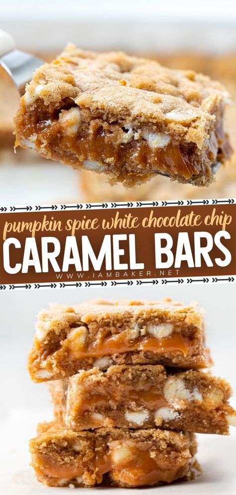 White Chocolate Chip Bars, Treats With Caramel, Blondie Ideas, Chocolate Chip Caramel Bars, Pumpkin Spice Recipe, Chocolate Chip Bars, White Chocolate Chip, Caramel Desserts, Caramel Bars