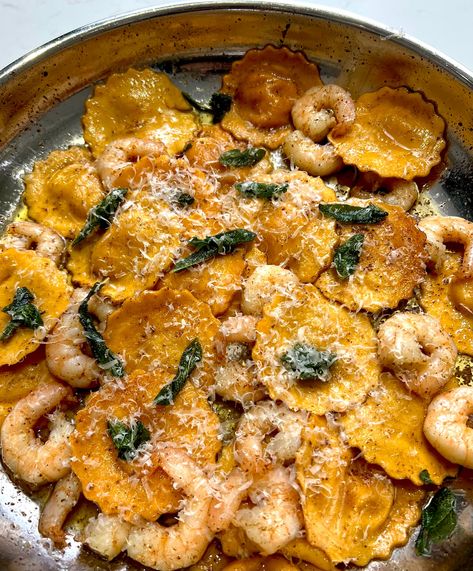 Brown Butter Sage Butternut Squash Ravioli with Prawns Recipe Brown Butter Sage Butternut Squash Ravioli, Butternut Squash Ravioli With Shrimp, Butternut Squash Ravioli With Chicken, Butternut Squash Ravioli Recipe, Squash Ravioli Recipe, Sage Butternut Squash, Rana Pasta, Savory Butternut Squash, Brown Butter Sage