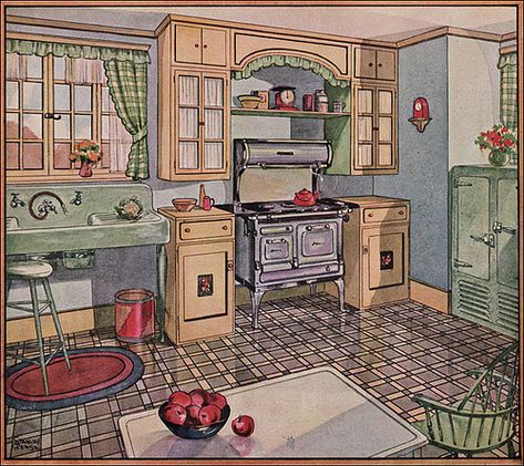 1920’s Kitchen, 1920 Kitchen, 1920s Home Decor, 1920s Interior, 1920s Kitchen, Small Wood Stove, Cleaning Inspiration, Kitchen Drawing, 1920s House