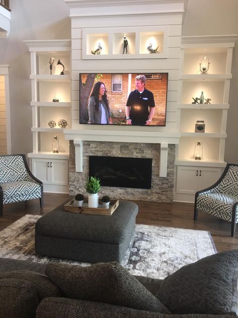 Fireplace makeover with shelving Shelving Ideas Beside Fireplace, Gas Fireplace With Tv Above Built Ins, Built In Tv Wall Unit Side Of Fireplace, Wall Shelves By Fireplace, Surround Tv Unit, Fireplace Shelves On One Side, Shelves Around Fireplace With Tv, Fireplace Ideas With Tv And Shelves, Built In Cabinets Beside Fireplace