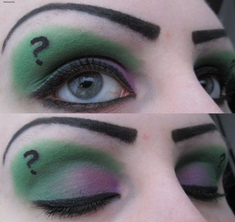 Riddler make up Riddler Makeup Female, Riddler Makeup, Joker Theme Party Ideas, Riddler Costume For Women, Riddler Halloween Costume, Riddler Halloween, Riddler Costume, Unconventional Makeup, Harley Quinn Makeup