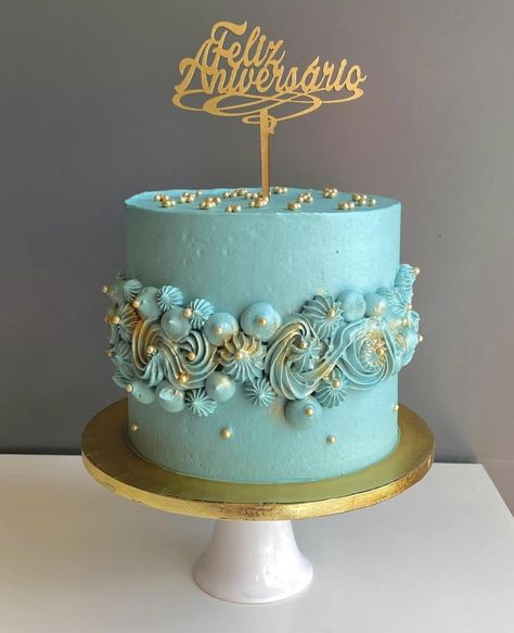 89th Birthday Cake, Dark Teal Birthday Cake, Teal Birthday Cake For Women, Light Blue And Gold Cake Birthday, 89th Birthday, 45th Birthday, Birthday Inspo, Celebration Cakes, Birthday Cakes