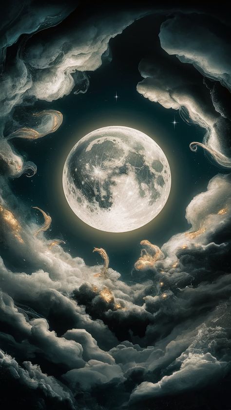 Experience the enchanting beauty of lunar landscapes in this captivating artwork. The moon radiates a dreamlike glow amidst whimsical clouds and abstract forms, inviting introspection. With a palette of deep indigos, silvery whites, and shimmering gold, this piece balances celestial elements and evokes a mystique that captivates the soul. #Impressionism #Surrealism #LunarArt #Dreamlike #CelestialBeauty Whimsical Clouds, Fantasy Moon, Celestial Elements, Moon Graphic, Moon Wallpaper, Abstract Forms, Moon Witch, Gallery Wallpaper, Moon Pictures