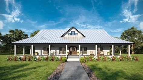 Single-Story Country Style 3-Bedroom Home with Open Living Area and 10 Foot Deep Wraparound Porch Porch House Plans, Porch Flooring, Country Style House Plans, Country House Plan, Farmhouse House, Farmhouse Plan, Barn Style House, Wrap Around Porch, House Plans Farmhouse