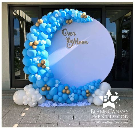 Over the Moon 🌙 Baby Shower Balloon Backdrop - BlankCanvasEventDecor.com Balloon Moon Arch, Crescent Moon Balloon Arch, Over The Moon Backdrop Ideas, Moon Backdrop With Balloons, Diy Moon Backdrop, Over The Moon Balloon Arch, Moon Balloon Garland, Over The Moon Baby Shower Ideas Boy, Moon Balloon Arch