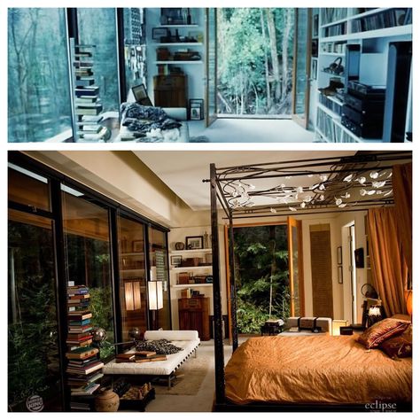 Edwards bedroom before and after Bella. Twilight Bedroom Ideas, Twilight Inspired House, Twilight Inspired Bedroom, Edward Cullen Bedroom, Twilight Bedroom Aesthetic, Bella Swan House, Cullen House Twilight Interior, Twilight Home, Twilight Bedroom