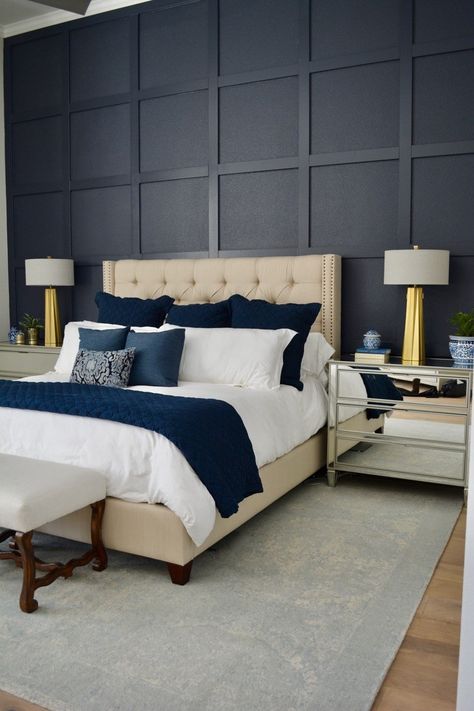 Board And Batten Accent Wall, Batten Accent Wall, Navy Accent Walls, Best Bedroom Paint Colors, Navy Bedrooms, Blue Accent Walls, Moody Bedroom, Bedroom Accent, Accent Wall Bedroom