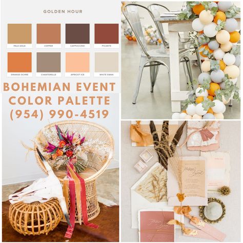 Pulling inspiration from the great outdoors, the ‘Golden Hour’ palette is a fresh take on incorporating neutrals and muted colors into your wedding decor. The reddish-orange hues — Picante, Orange Ochre, and Apricot Ice — give the palette a spicy twist, while two brown shades — Chanterelle and Cappuccino - tone down the bolder color. Three neutrals, White Swan, Pale Gold, and Copper Metallic, help bring the color palette into balance. #bohochic #dustyrose #boheman #pampasgrass #boho #bohoglam Golden Hour Palette, Color Palette Boho, Wall Draping, Bohemian Wedding Colors, Balloons And Flowers, Flowers And Balloons, Backdrop Flowers, Corporate Events Decoration, Orange Hues