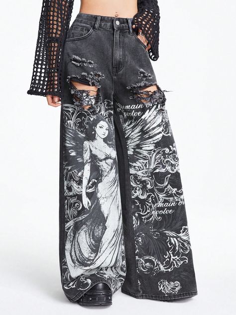 Black  Collar  Denim Graphic Wide Leg Embellished Non-Stretch  Women Clothing Cool Jeans Outfit Women, Metal Concert Outfit Summer, Black Pants Design, Shien Jeans, Baggy Pants Plus Size, Art On Pants, Painting Pants, Cute Black Jeans, Goth Jeans