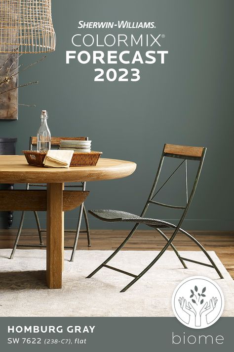 The Biome trend palette from the Sherwin-Williams 2023 Colormix® Forecast invites us to preserve peace in our spaces with mushroom taupe, lichen gray, earth tones, and subtle blues and greens. Experience a carefully cultivated color selection of delicate neutrals, rich browns, and the tints of earth and air. #SWColormix #sherwinwilliams #sherwinwilliamspaint #interiordesigner #colorinspiration #paint #paintcolors #paintpalettes #colorpalettes #designinspiration #moderninteriors #moderndesign 2023 House Color Trends Interior, Color Palette For Home 2023, 2023 Paint Trends Interiors, Green Trends 2023, Wall Color Trend 2023, Sherwin Williams Biome Palette, Sw 2023 Colors, 2023 Color Trends Home Exterior, Wall Painting Ideas 2023