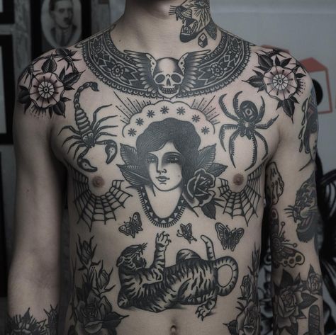 Chest Tattoo Traditional, Traditional Chest Tattoo, Traditional Chest, Torso Tattoos, Tattoo Traditional, Old School Tattoo Designs, Chest Tattoo Men, Traditional Tattoo Design, Stomach Tattoos