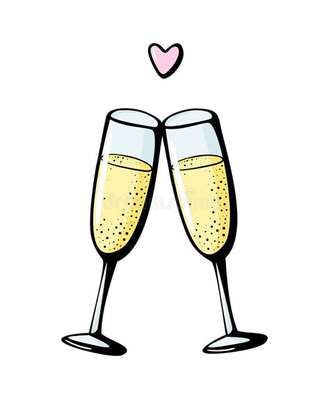 Champagne Drawing Easy, Wine Glass Drawing Simple, How To Draw Champagne Glasses, Wine Doodle, Cheers Doodle, Drink Doodles, Champagne Glass Drawing, Wine Glass Doodle, Champagne Illustration