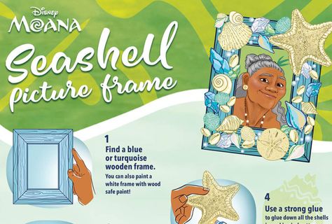 moana DIYS Seashell Picture Frame, Picture Frame Diy, Disney Moana Art, Moana Crafts, Moana Birthday Party Theme, Seashell Picture Frames, Moana Movie, Moana Theme, Hawaiian Party Theme