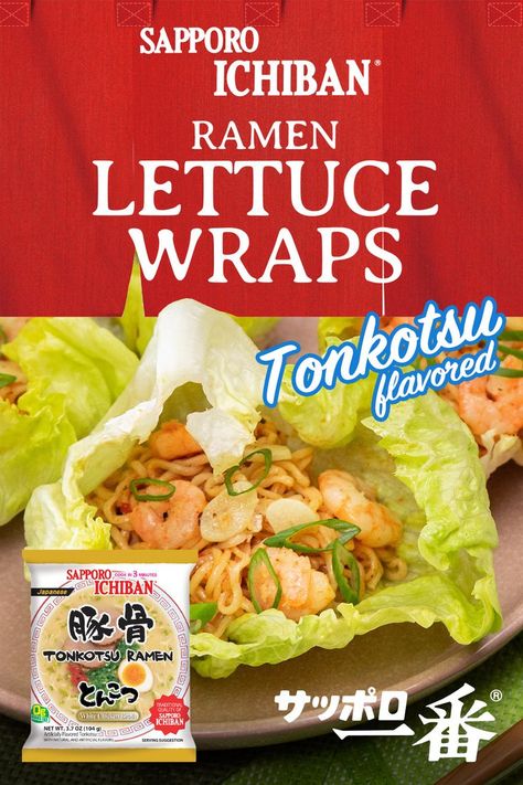 10 minutes. Serves 1. A new way to enjoy ramen! Garlicky shrimp and saucy ramen noodles served on a crunchy lettuce wrap makes for a tasty handheld meal. Ichiban Noodles Recipes, Sapporo Ichiban Ramen Recipes, Cheesy Ramen Recipe, Saucy Ramen, Cheesy Ramen, Gyro Wrap, Shrimp Ramen, Yummy Asian Food, Garlicky Shrimp