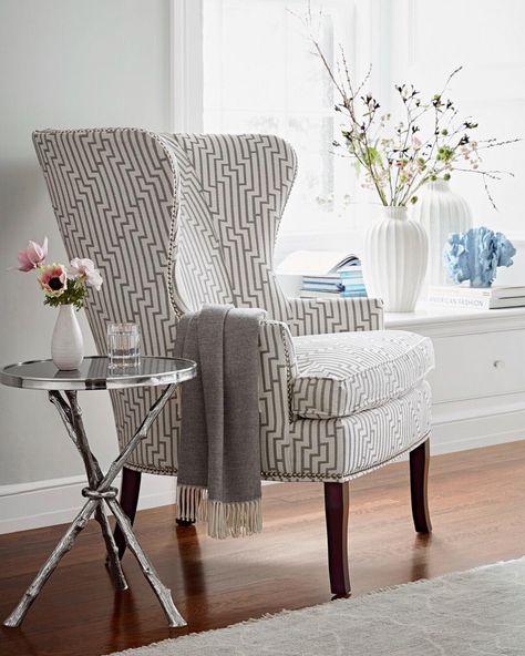 411 Likes, 3 Comments - Williams Sonoma Home (@wshome) on Instagram: “We're enjoying the last quiet moments of the weekend cozied up with a book and the Chelsea Wing…” Wing Chair Upholstery, Dining Room Chair Cushions, French Dining Chairs, Rocking Chair Cushions, Leather Dining Room Chairs, Living Comedor, Eames Chairs, White Chair, Williams Sonoma Home