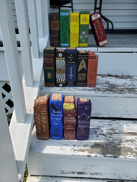 Books Out Of Bricks, Garden Paver Books, Brick Painted Like Book, Garden Bricks Painted Like Books, Bricks Painted As Books, Book Painted Bricks, Thrift Store Painting Makeover, Painted Bricks To Look Like Books, Garden Book Bricks