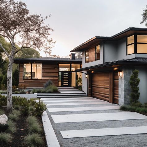 Mixing Mid-Century Modern Home Design with Country Interior Midcentury Modern Exterior Colors, Modern Starter Home, Modern Front Entrance, Modern Midcentury Home, Midcentury Modern House Exterior, Mid Century Modern Homes Exterior, Dream Architecture, Mid Century Modern House Exterior, Modern Siding