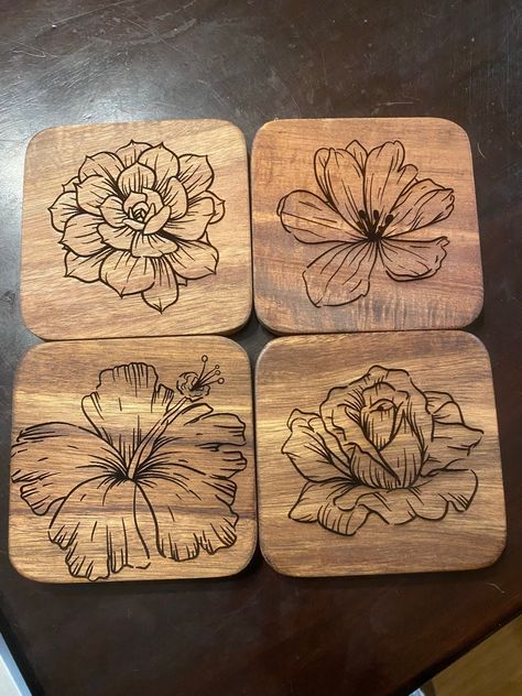 Set of 4 Acacia wood coasters. Color of wood may vary from photo. Wooden Coasters Wood Burning, Wood Burning Coasters Ideas, Pyrography Coasters, Wood Burning Ideas For Beginners Simple, Wood Burning Coasters, Wood Etching, Valentines Coasters, Coaster Patterns, Wood Burning Patterns Stencil